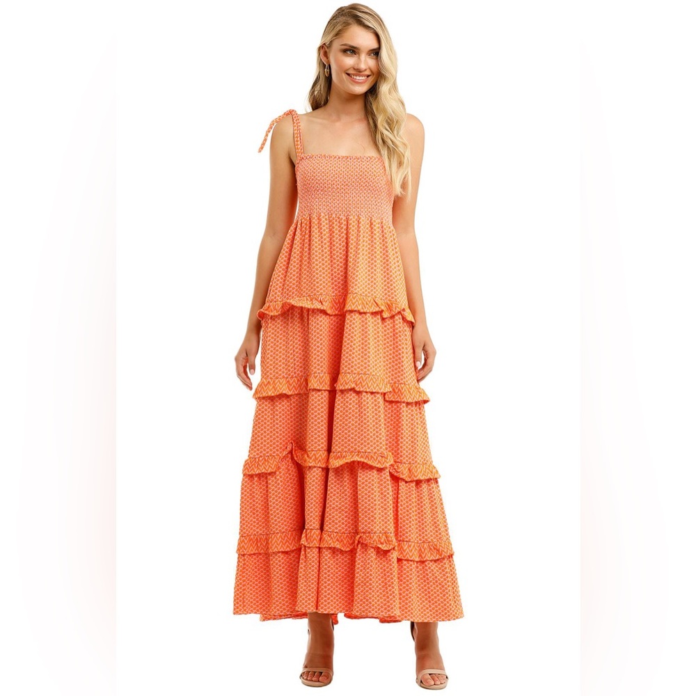 CECILIE COPENHAGEN Mina Dress Long Tiered Maxi Embroidered Tangerine Pink